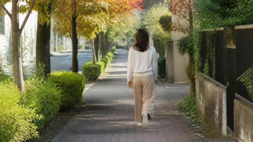 A woman seen from behind, walking along a sidewalk in a residential area in autumn