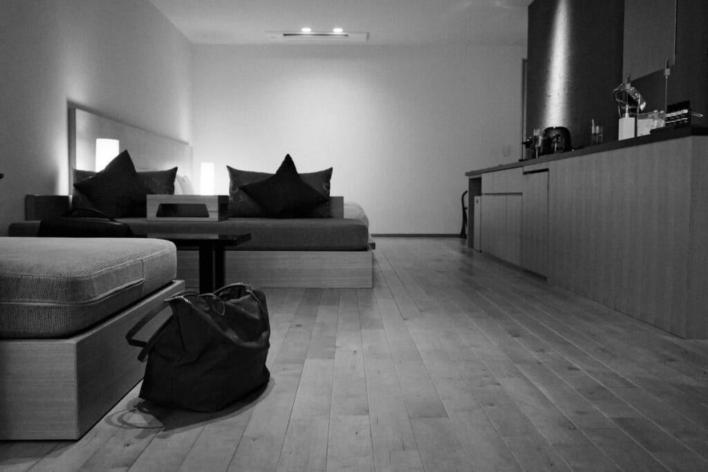 A one-room apartment with a bed and shelves