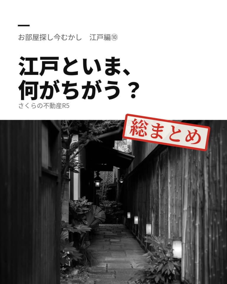 「江戸といま、何がちがう?」のタイトルと、板塀にはさまれた石畳の路地の写真。「総まとめ」の印のイラスト入り